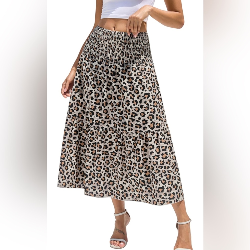 Leopard RAFAEL Black and Brown Smocked A-Line Midi Skirt